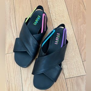 Camper Sandals- black with asymmetrical neon accents!